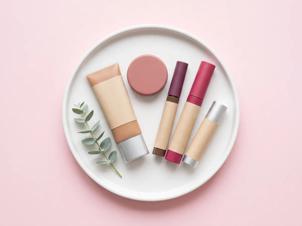 Everyday makeup routine five-product flat-lay
