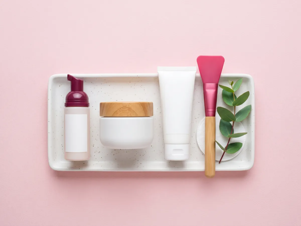 Three-step morning skincare routine for dry skin flat-lay